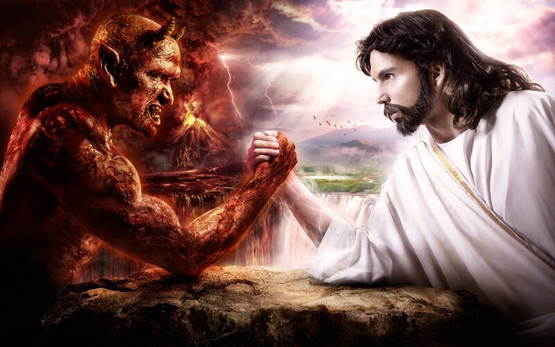 Jesus and Devil Arm-wrestling — Red, Dramatic, Sunset
