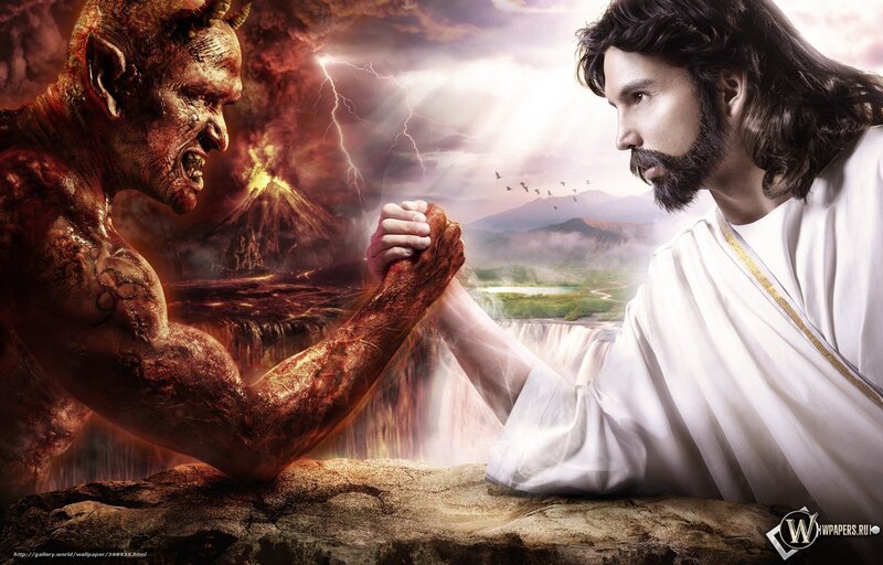 Jesus and Devil Arm Wrestling — White, Dramatic, Digital Art