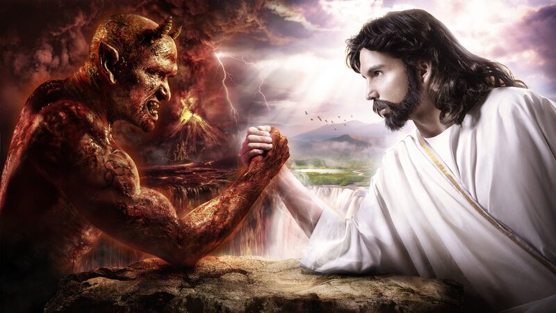 Jesus and Devil Arm Wrestling — White, Dramatic