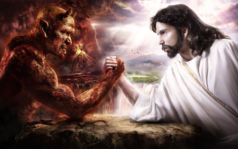 Jesus and Devil Arm Wrestling — White
