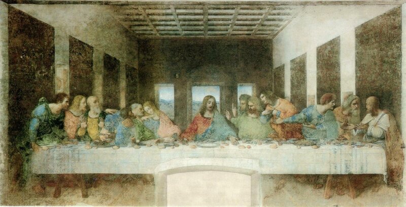 Jesus and Disciples at Table — Brown, Dramatic, Painting, Window
