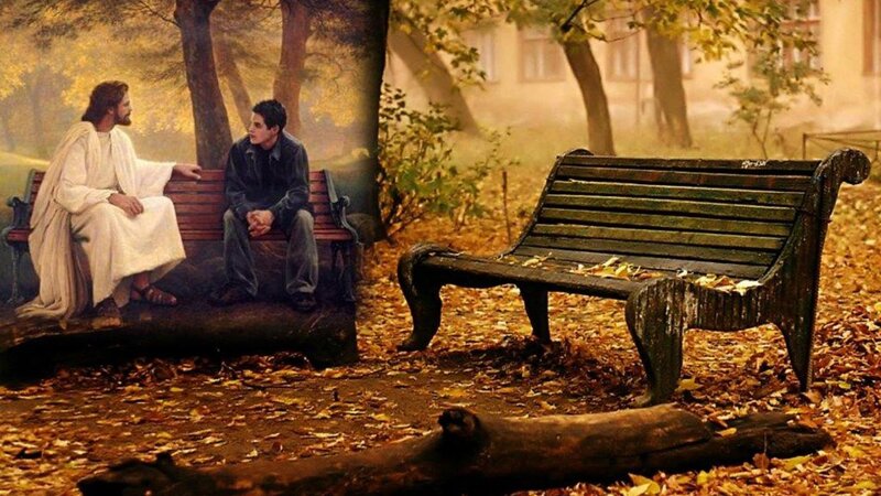 Jesus and Man on Bench — Brown