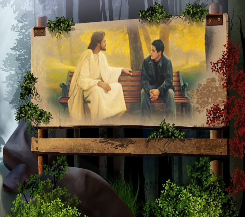 Jesus and Man on Bench — Green