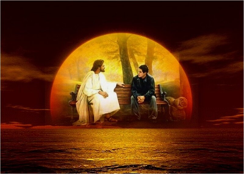 Jesus and Man on Bench — Yellow, Dramatic