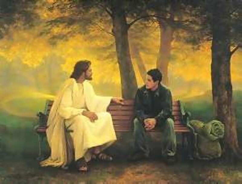 Jesus and Man on Bench — Yellow, Serene