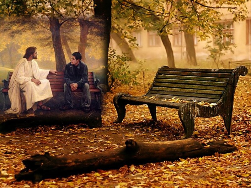 Jesus and Man on Bench — Yellow