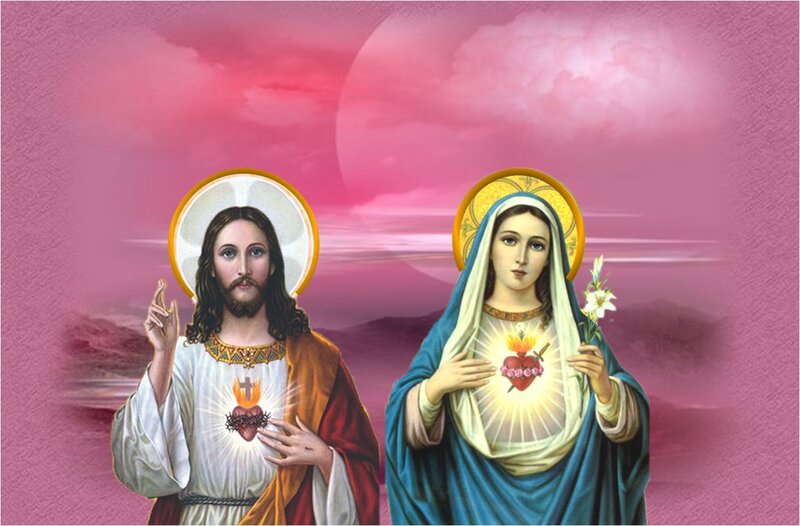 Jesus and Mary with Hearts — Pink