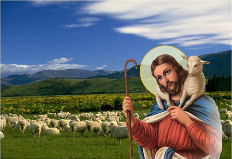 Jesus Carrying a Lamb — Blue, Serene, Afternoon, Illustration