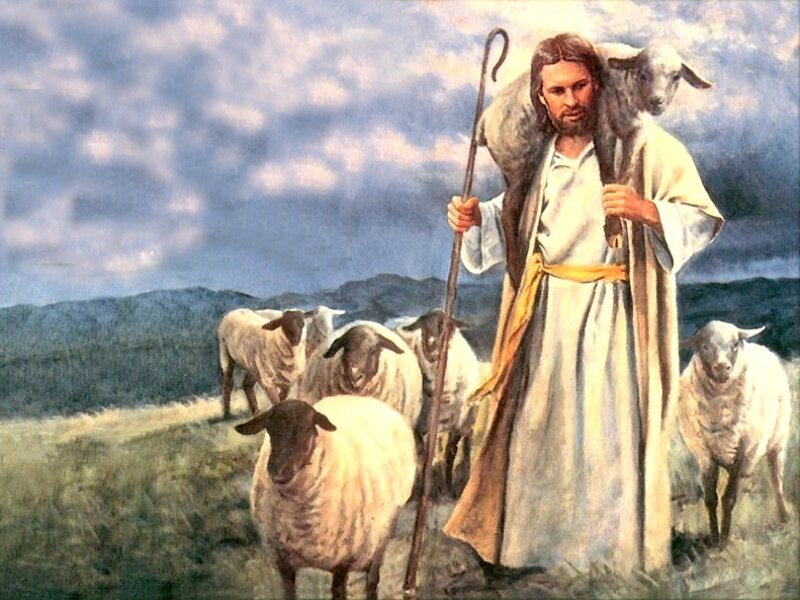 Jesus Carrying a Lamb — Blue, Serene, Painting