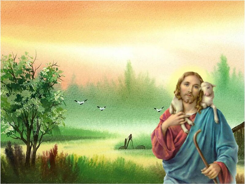 Jesus Carrying a Lamb — Blue, Serene, Sunset, Painting, Shepherd's Staff