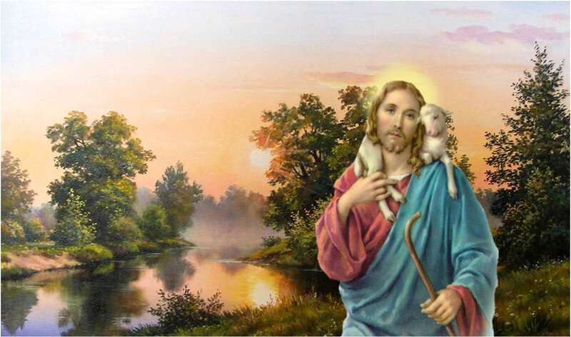 Jesus Carrying a Lamb — Blue, Serene, Sunset, Painting