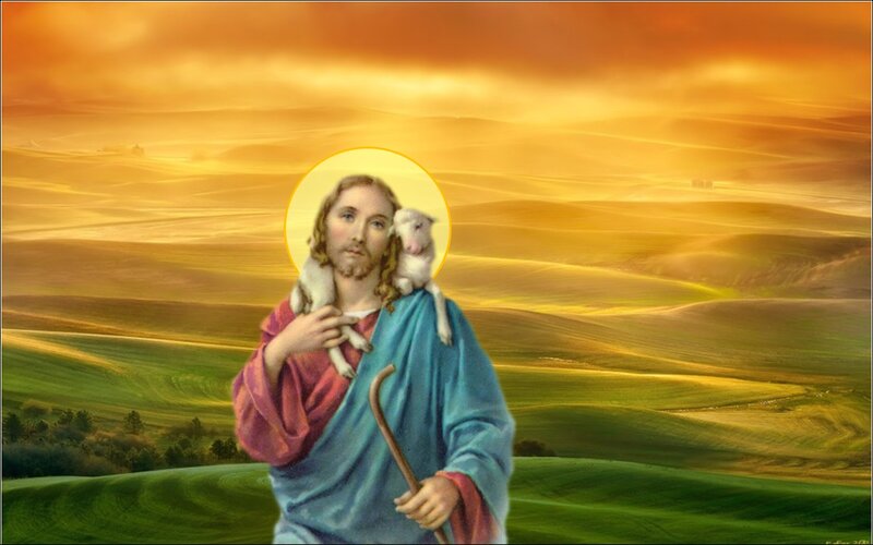 Jesus Carrying a Lamb — Gold, Serene, Sunset