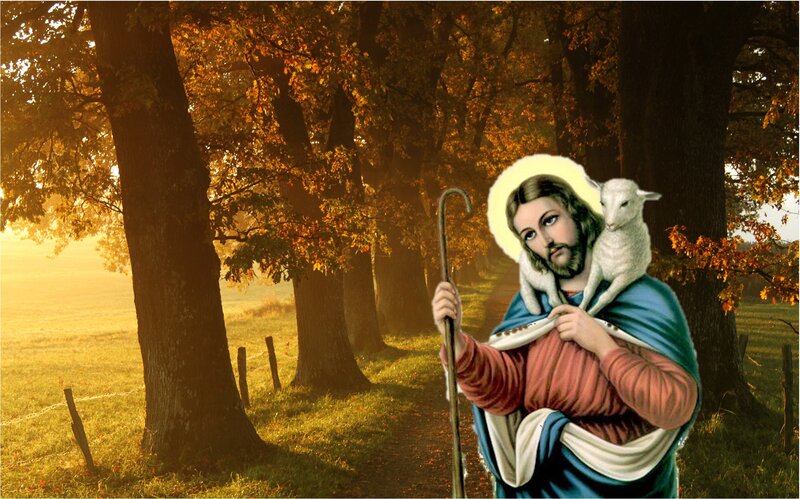 Jesus Carrying a Lamb — Green, Serene, Autumn