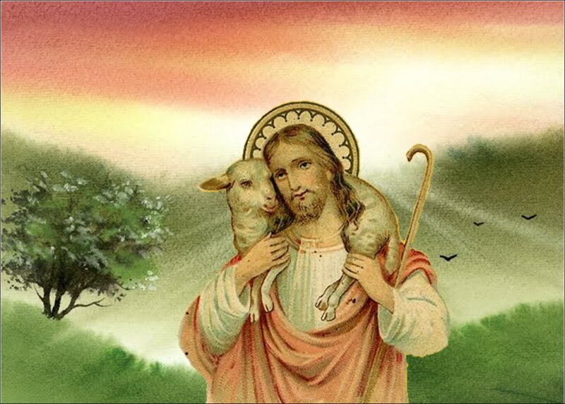 Jesus Carrying a Lamb — Green, Serene, Sunset