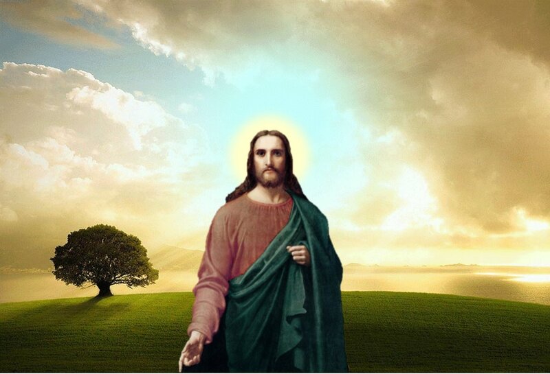 Jesus Christ Figure — Green, Serene, Sunset, Digital Art