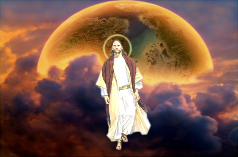 Jesus Christ Figure — Orange, Dramatic, Sunset, Digital Art, Halo
