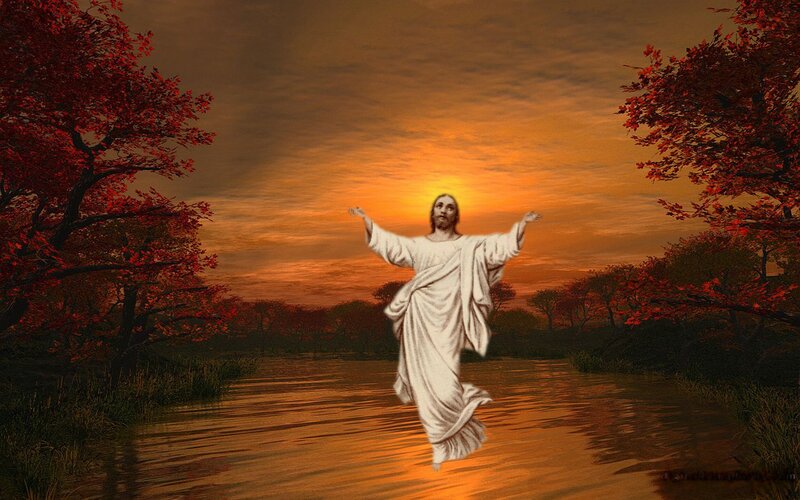 Jesus Christ Figure — Orange, Dramatic, Sunset, Digital Art, River