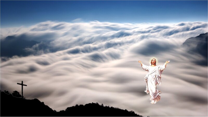 Jesus Christ in Clouds — Blue, Serene, Digital Art, Cross