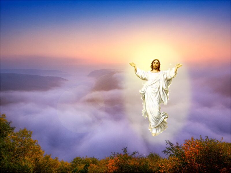 Jesus Christ in Clouds — Blue, Serene, Sunrise