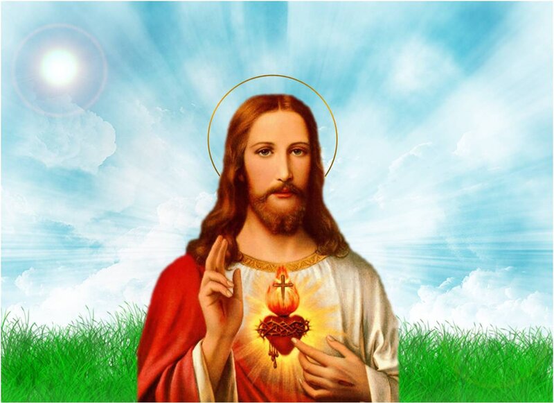 Jesus Christ with Sacred Heart — Blue, Serene, Illustration, Halo, Clouds