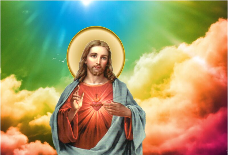 Jesus Christ with Sacred Heart — Blue, Serene, Illustration, Halo