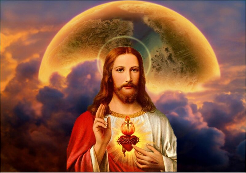 Jesus Christ with Sacred Heart — Red, Dramatic, Sunset