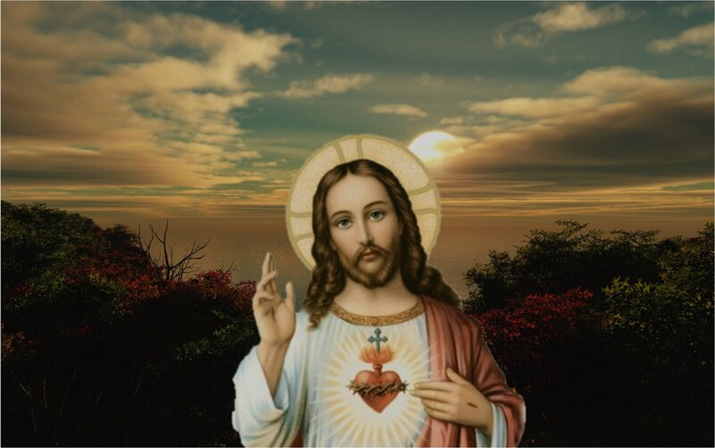 Jesus Christ with Sacred Heart — White, Serene, Sunset