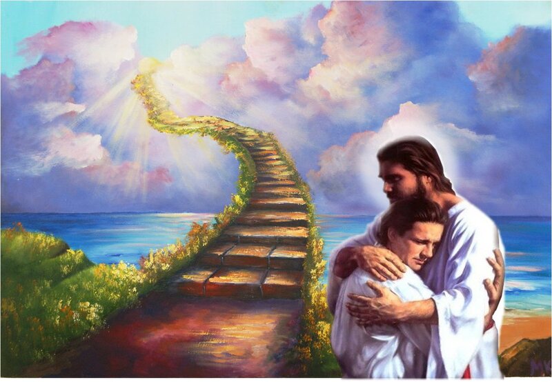 Jesus Embracing a Man — Blue, Serene, Afternoon