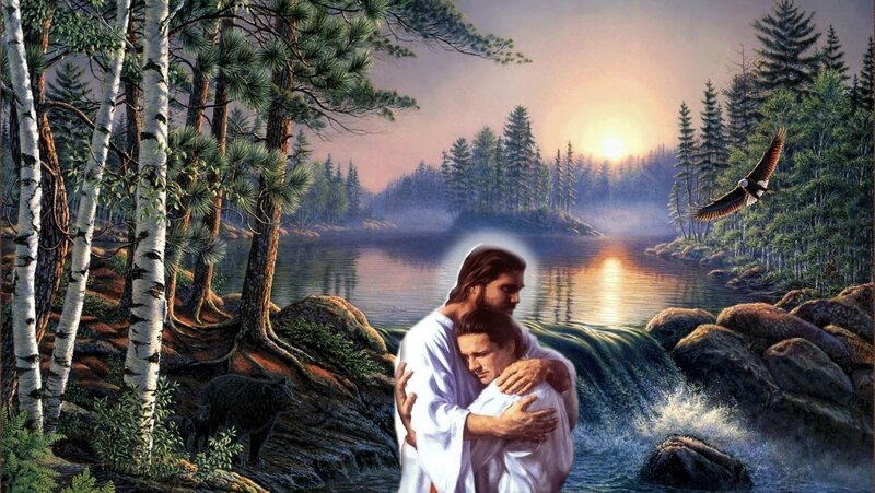 Jesus Embracing a Man — Green, Serene, Sunset