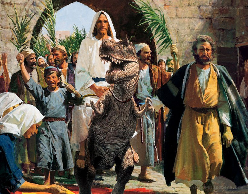 Jesus enters Jerusalem with a dinosaur
