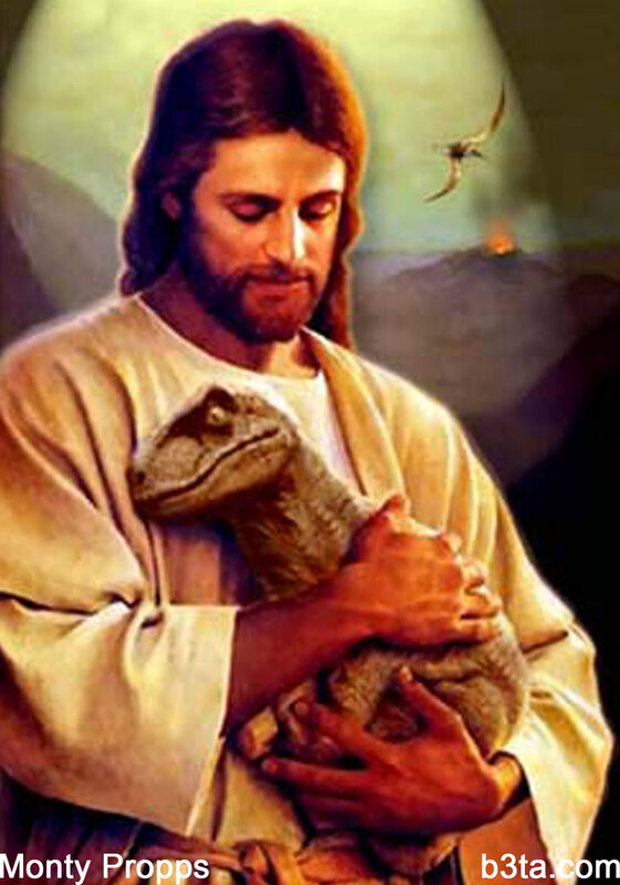 Jesus holding a dinosaur