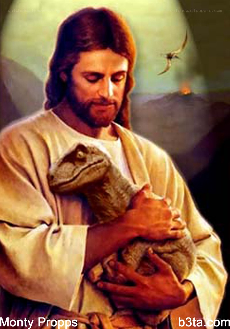 Jesus holding a dinosaur