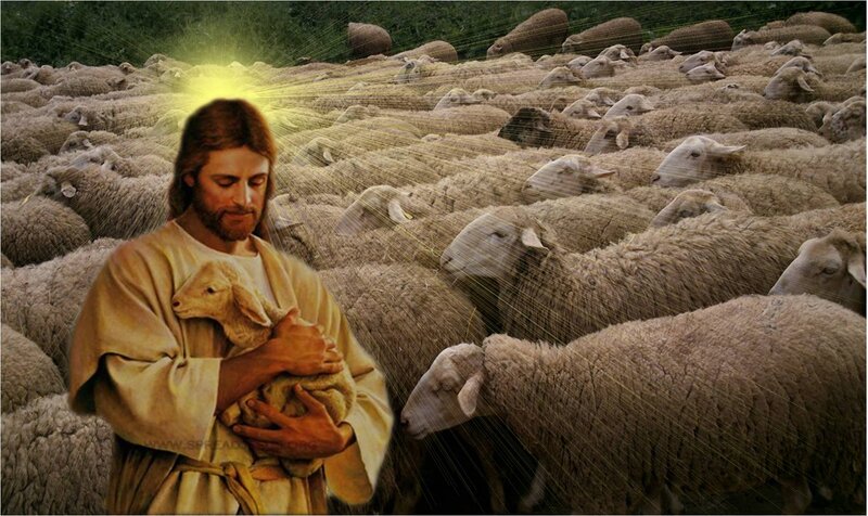 Jesus Holding a Lamb — Beige, Serene, Digital Art