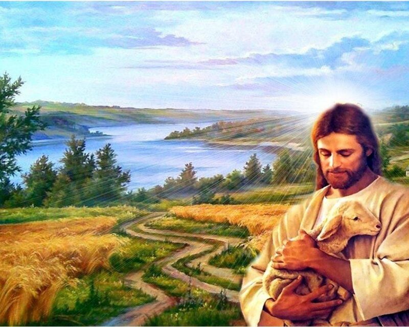 Jesus Holding a Lamb — Blue, Serene, Afternoon, Painting, River, Wheat Field