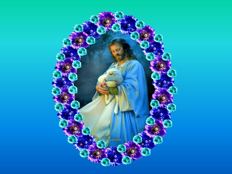 Jesus Holding a Lamb — Blue, Serene, Digital Art
