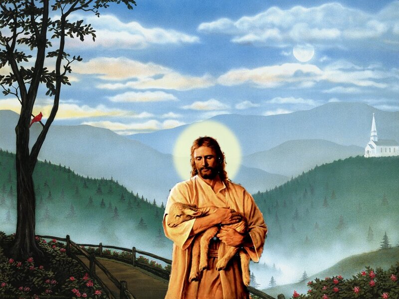 Jesus Holding a Lamb — Blue, Serene, Morning