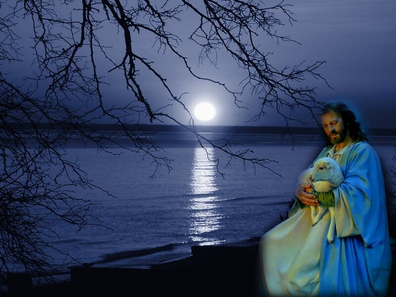Jesus Holding a Lamb — Blue, Serene, Night