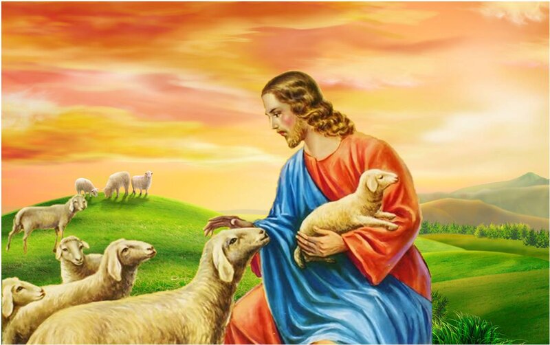 Jesus Holding a Lamb — Blue, Serene, Sunset, Illustration