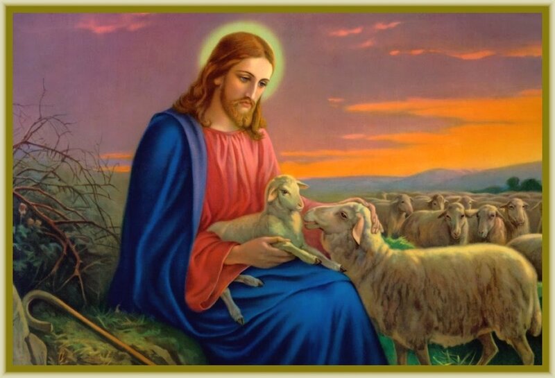 Jesus Holding a Lamb — Blue, Serene, Sunset, Painting