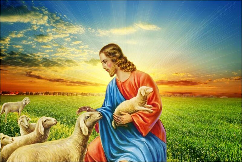 Jesus Holding a Lamb — Blue, Serene, Sunset