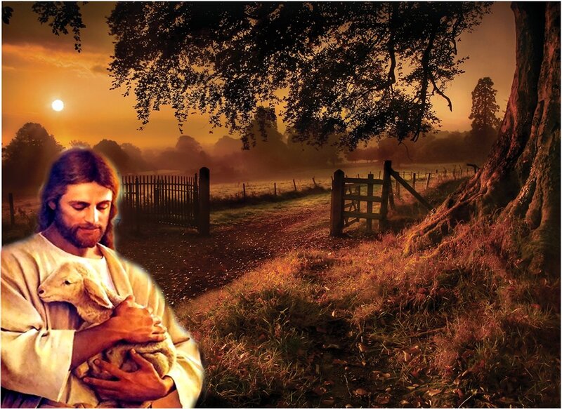 Jesus Holding a Lamb — Brown, Serene, Sunset