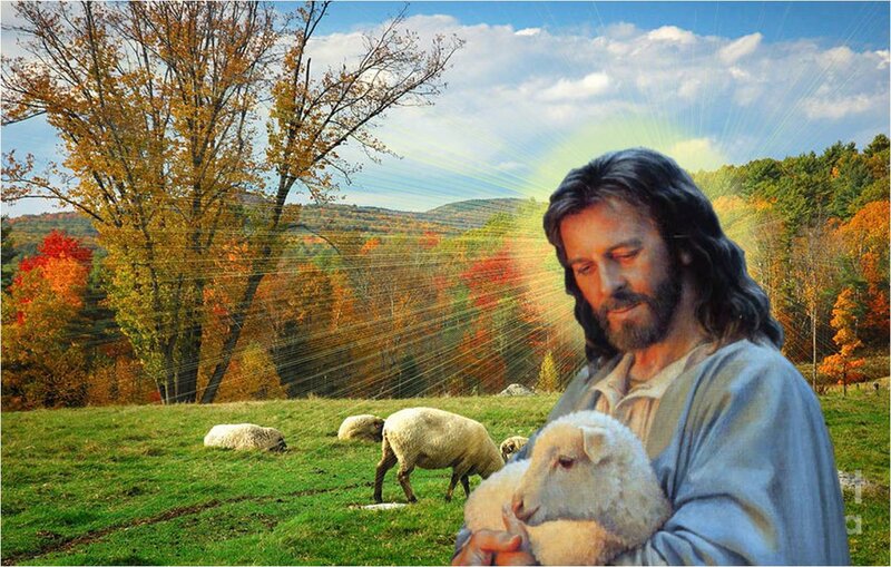 Jesus Holding a Lamb — Green, Serene, Autumn