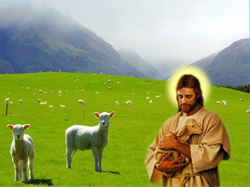Jesus Holding a Lamb — Green, Serene, Morning, Digital Art, Sheep