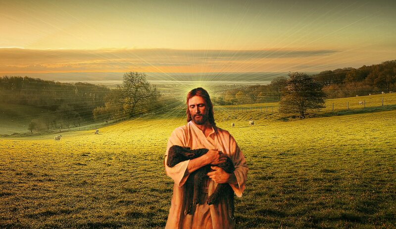 Jesus Holding a Lamb — Green, Serene, Sunrise