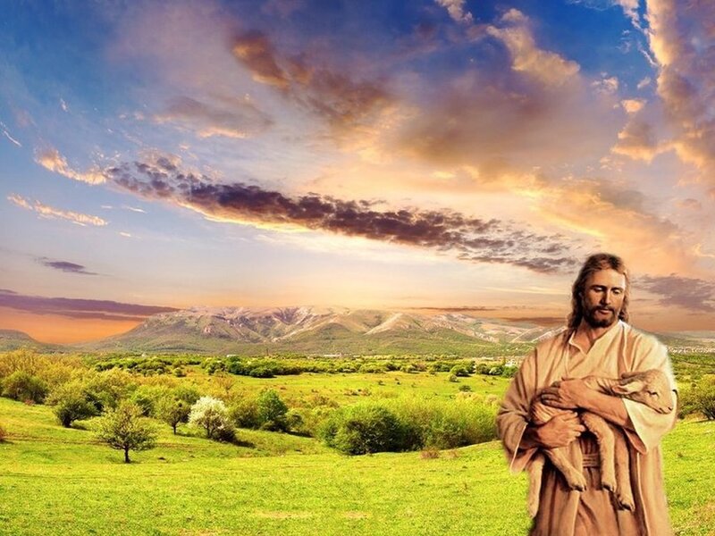Jesus Holding a Lamb — Green, Serene, Sunset, Digital Art