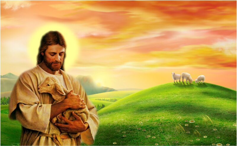 Jesus Holding a Lamb — Green, Serene, Sunset
