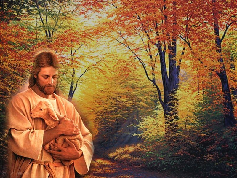 Jesus Holding a Lamb — Orange, Serene, Autumn