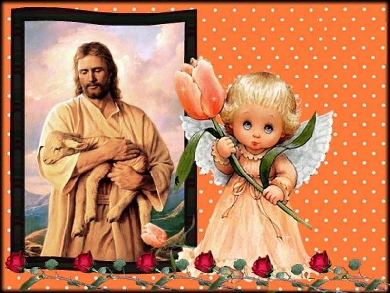 Jesus Holding a Lamb — Orange, Serene, Illustration