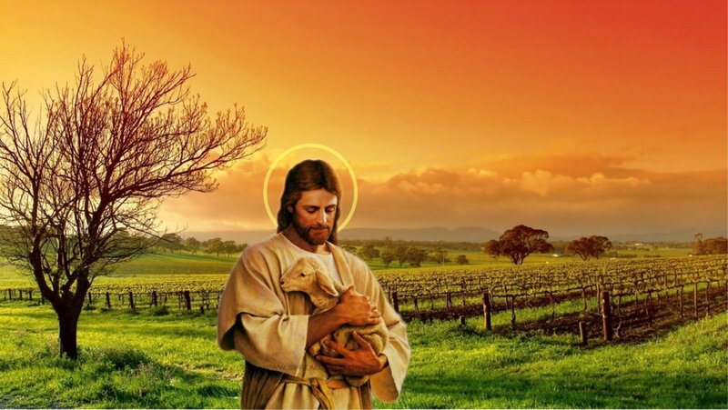 Jesus Holding a Lamb — Orange, Serene, Sunset, Digital Art