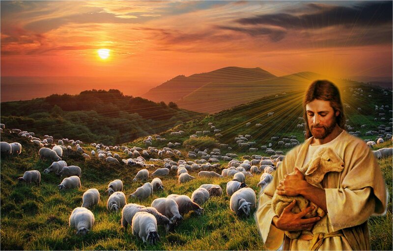 Jesus Holding a Lamb — Orange, Serene, Sunset